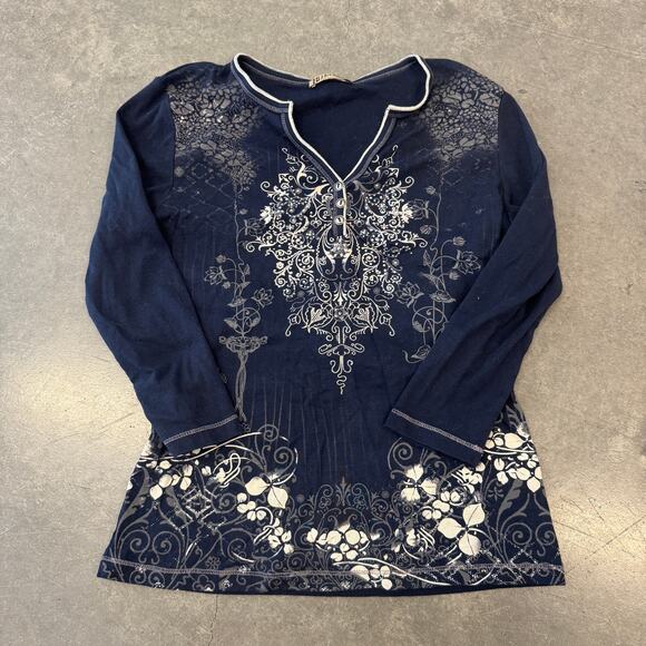 Vintage Y2K Mcbling Rhinestone Graphic Navy Floral Henley Women's Medium Tee - Picture 1 of 5